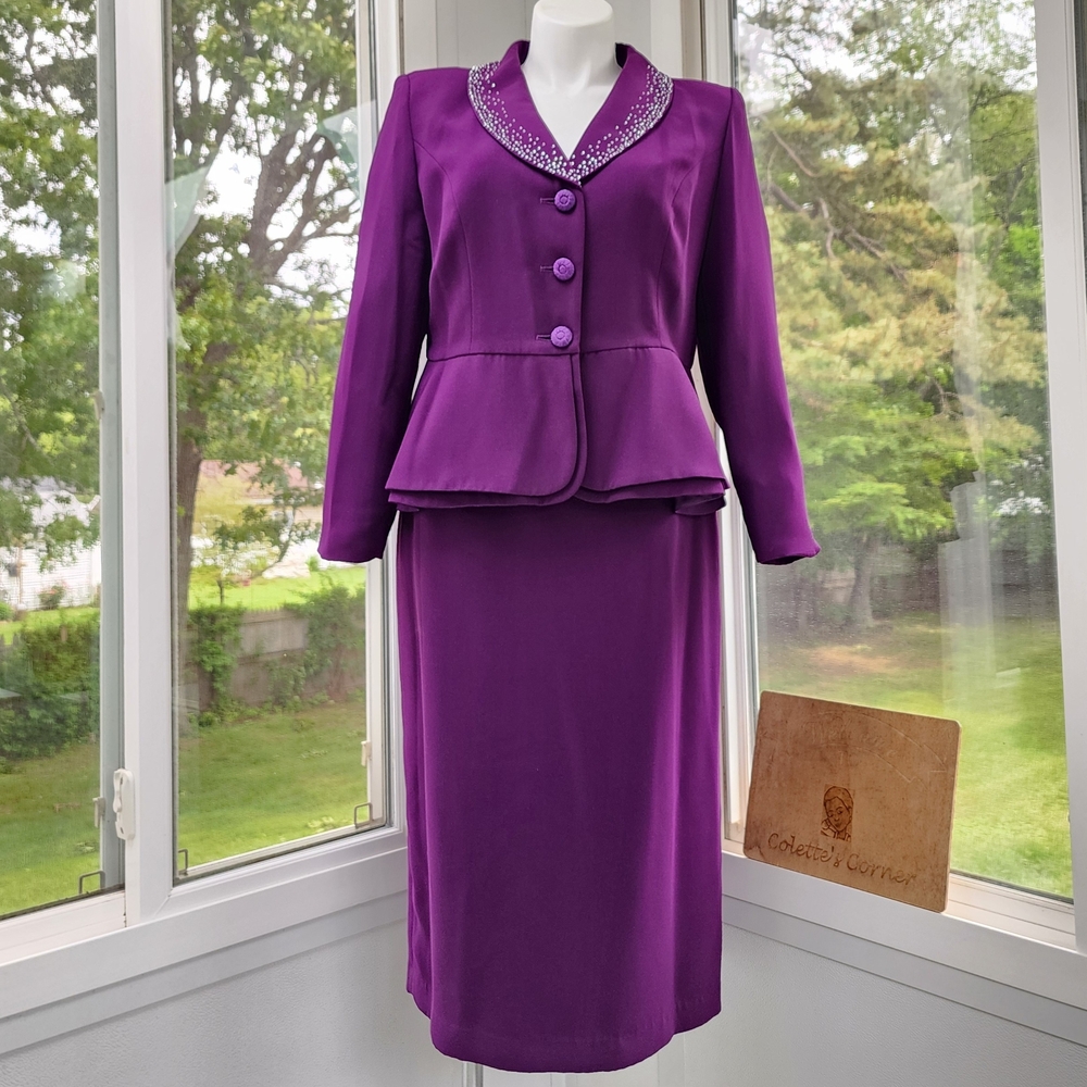 EY Signature Plum Peplum Sequience Studded Blazer & Long Skirt Suit Set - Picture 16 of 16